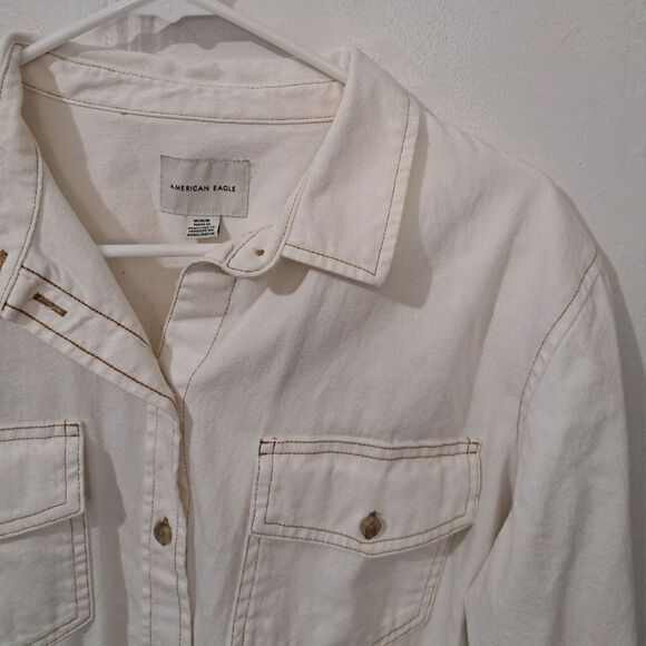 American Eagle Womens Medium Off White Full Button Denim Shirt - Picture 3 of 7